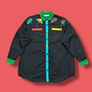 Vintage Beach Vacation Button Up Shirt XL Umbrellas Miami 80s 90s Colorful